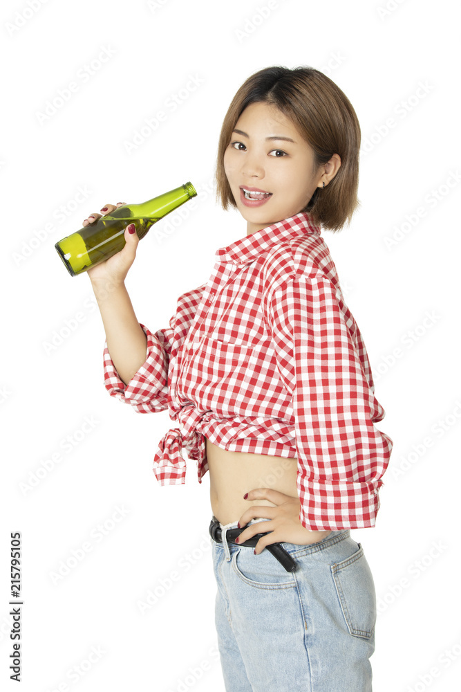 Chinese woman holding bottle of beer isolated on white background Chinese woman holding bottle of beer isolated on white background