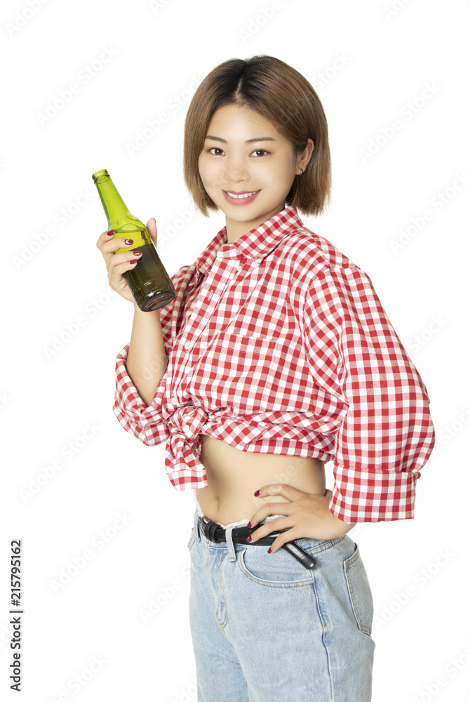 Chinese woman holding bottle of beer isolated on white background Chinese woman holding bottle of beer isolated on white background