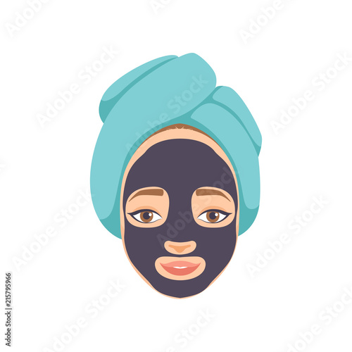 Beautiful woman with purifying black mask on her face, cosmetic procedure for face rejuvenation vector Illustration