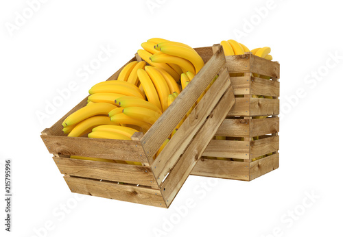 3D render of wooden box. Full of bananas fruit. Isolated on white background.