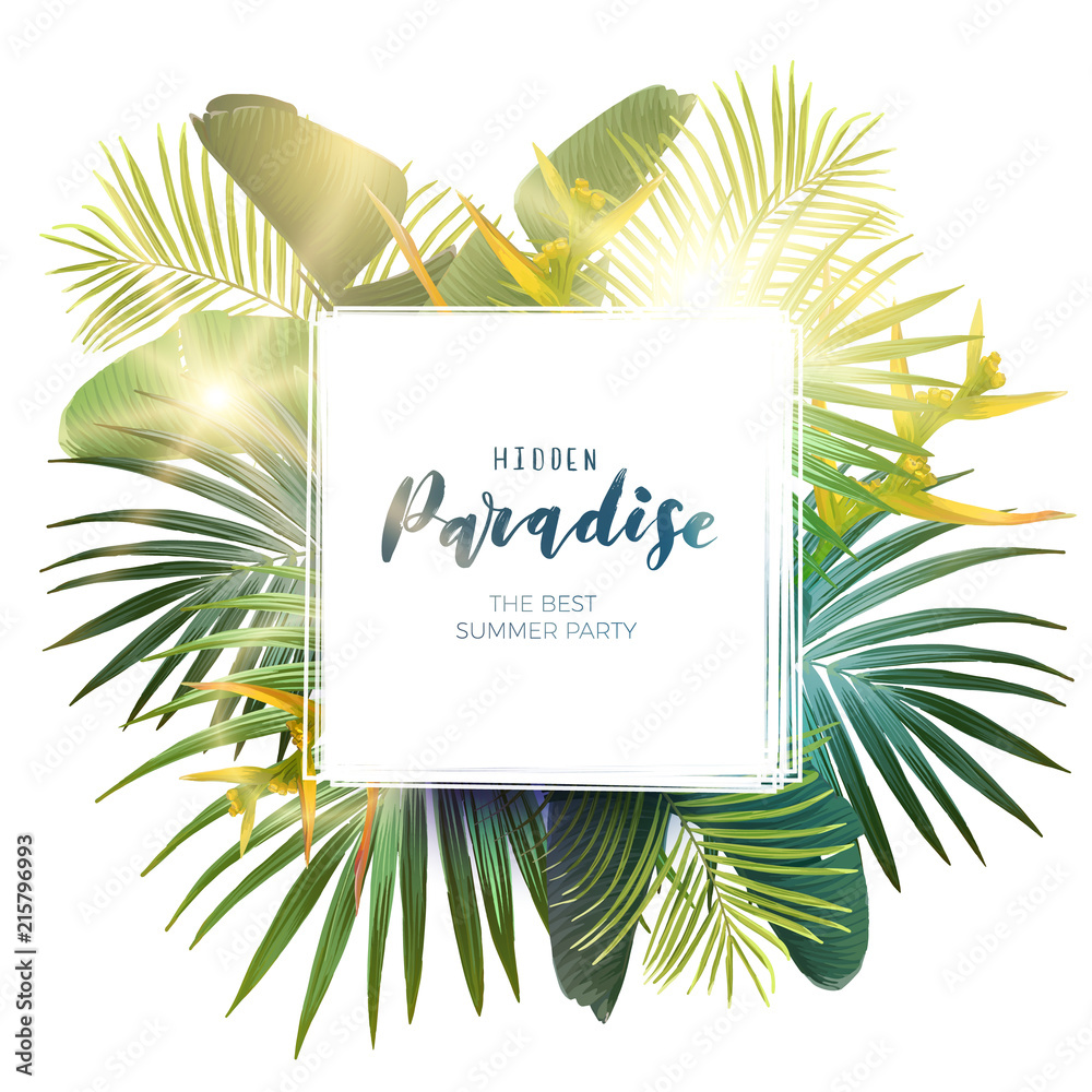 Obraz premium Green summer tropical background with exotic palm leaves, plants and yellow flowers. Vector floral background.