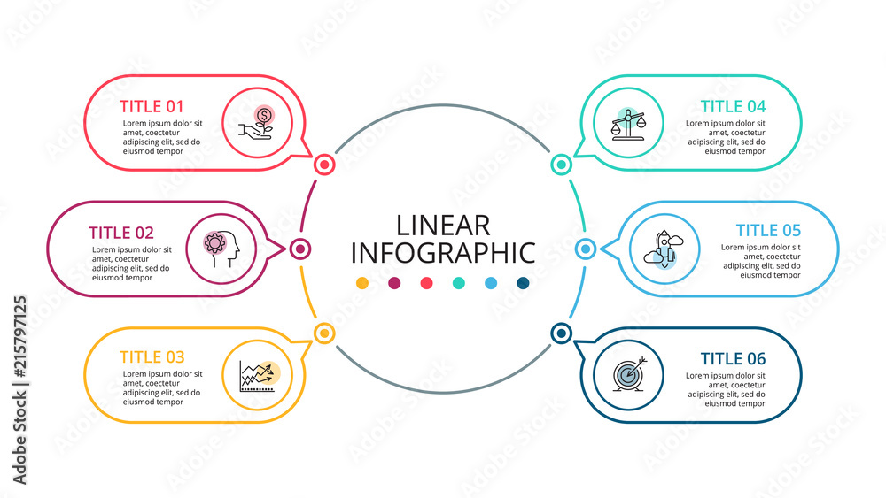 Thin line flat element for infographic. Template for diagram, graph, presentation and chart. Business concept with 6 options, parts, steps or processes. Data visualization.