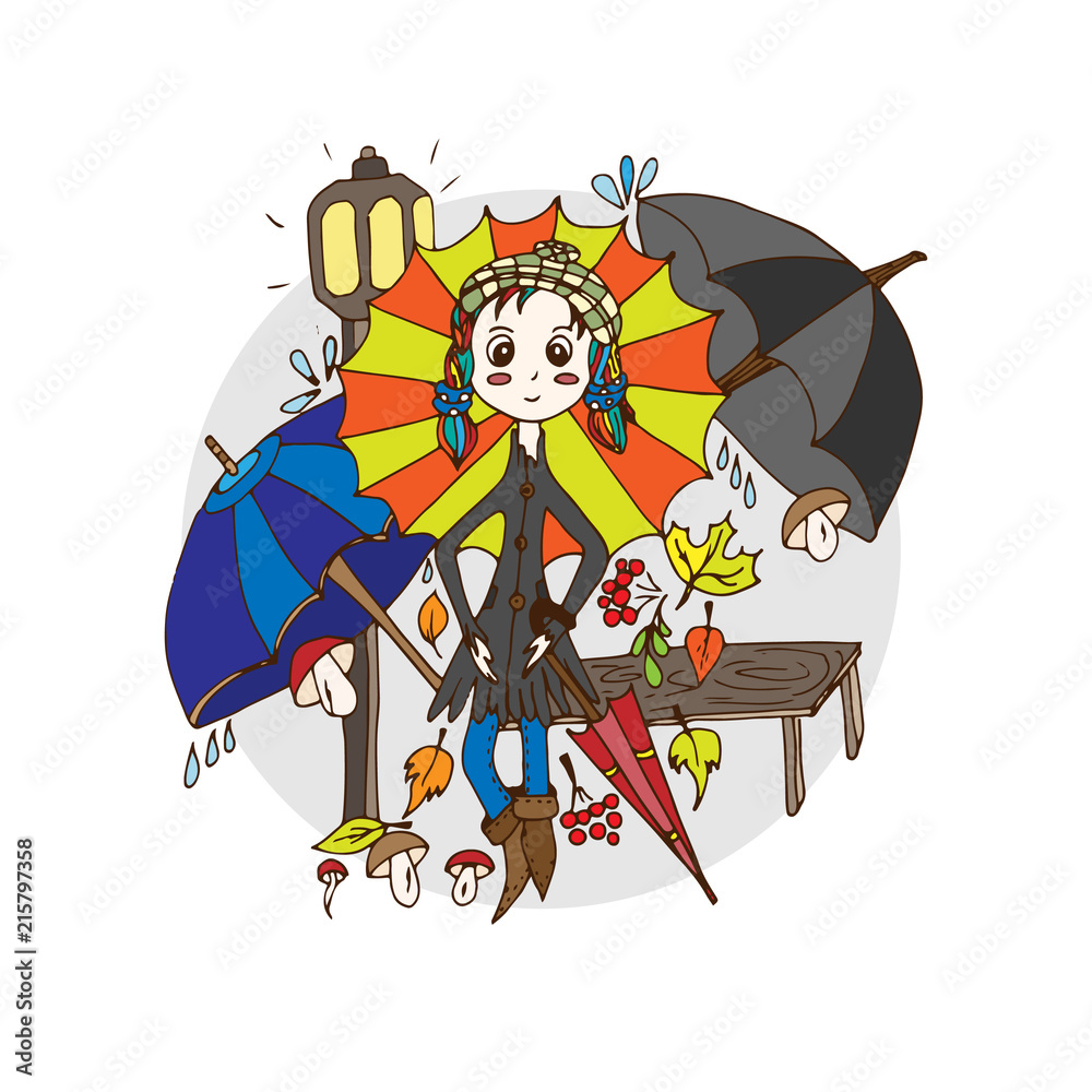 Girl with umbrellas, autumn, doodle, sketch drawn by hand Girl with umbrellas, autumn, doodle, sketch drawn by hand