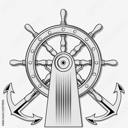 Ship Steering Wheel and Crossed nautical anchors. Vector illustration.