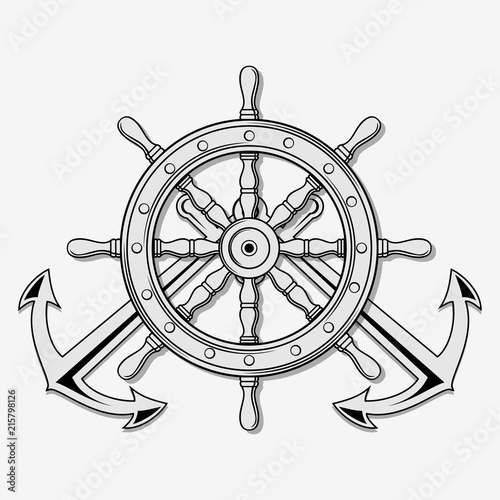 Ship Steering Wheel and Crossed nautical anchors. Vector illustration.