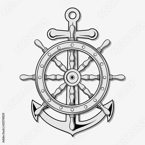 Ship Steering Wheel and Anchor. Icon isolated on white background. 