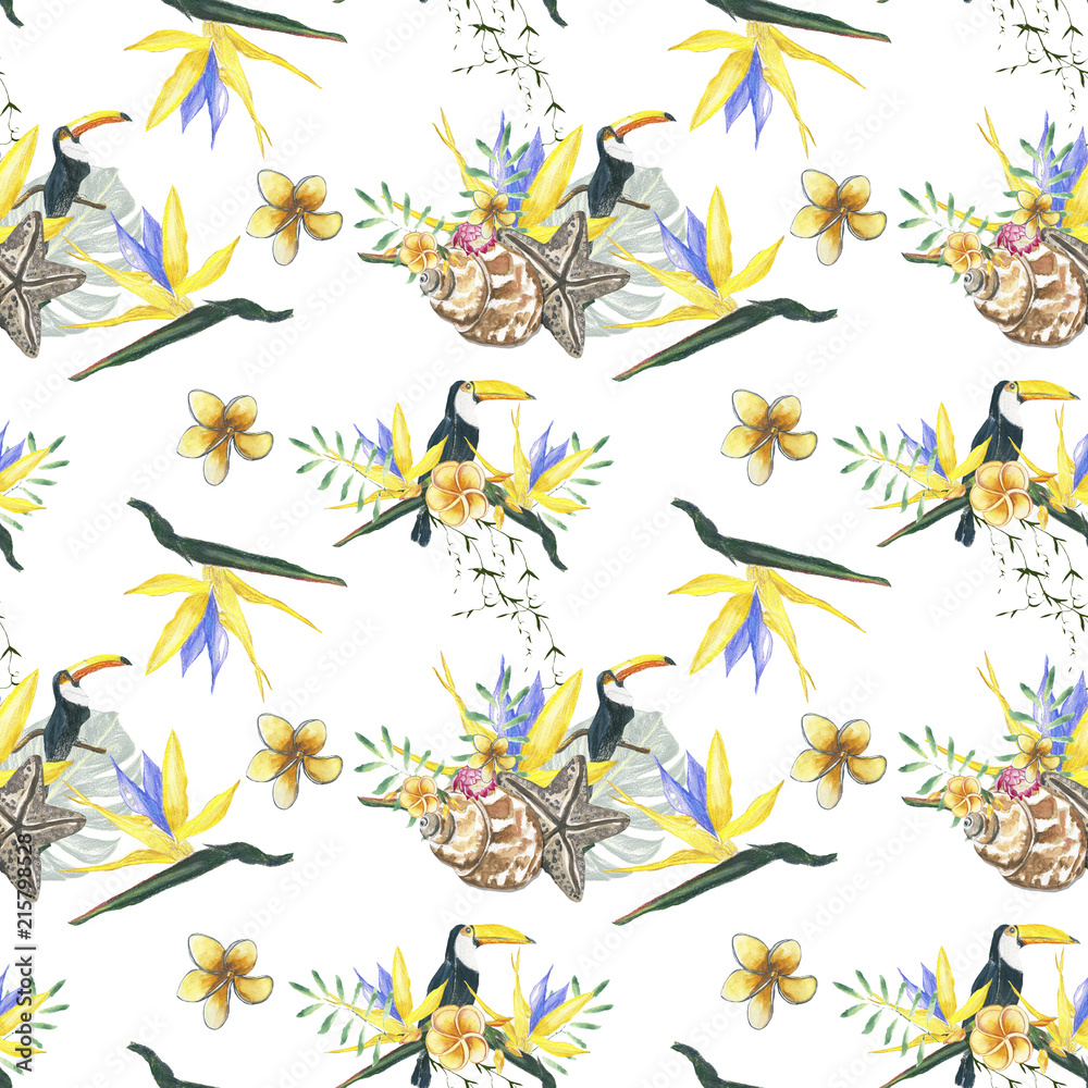 pattern flowers and bird yellow. Seamless white pattern with toucans. Watercolor hand drawing, wild flower for background, texture, wrapper pattern, frame or border. pattern flowers and bird yellow. Seamless white pattern with toucans. Watercolor hand drawing, wild flower for background, texture, wrapper pattern, frame or border.