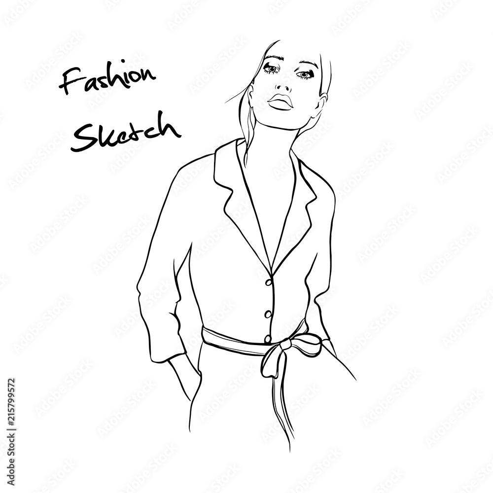 Fashion woman sketch. Beautiful young woman in a shirt, overalls. Hand  drawn fashion girl. Fashion model posing. Sketch. Vector illustration.  Fashion, style, youth, beauty. Graphic, sketch drawing. Stock Vector |  Adobe Stock