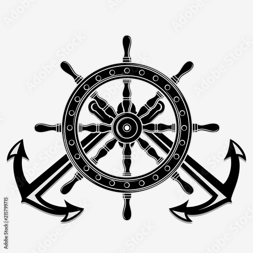 Ship Steering Wheel and Crossed nautical anchors. Vector illustration.