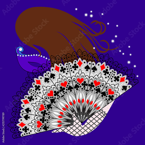 Fantasy abstract background for poster of festival. Illustration of carnival mask and fan. Vector cartoon image. photo