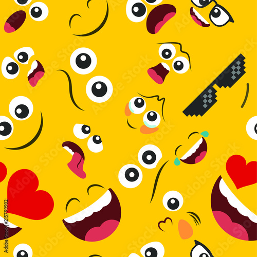 Pattern of emoticons set  in a flat design on a yellow background