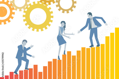 Conceptual teamwork business flat design vector with a leader helping his colleagues climb a growth chart.