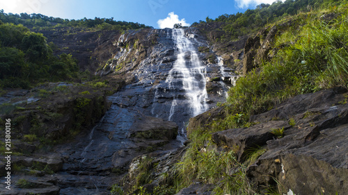 A huge waterfall in Vietnam's national park Bachma. Bottom view.