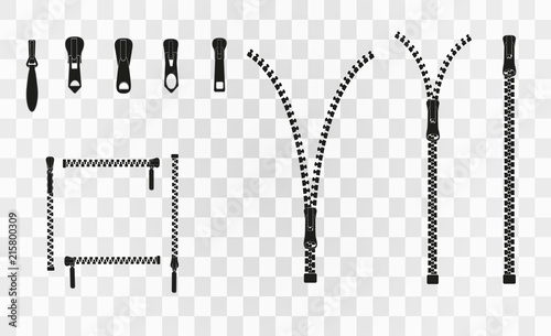 Vector illustration. Zippered lock and unlock. Zipper buttoned. Closed and open zipper. Set.