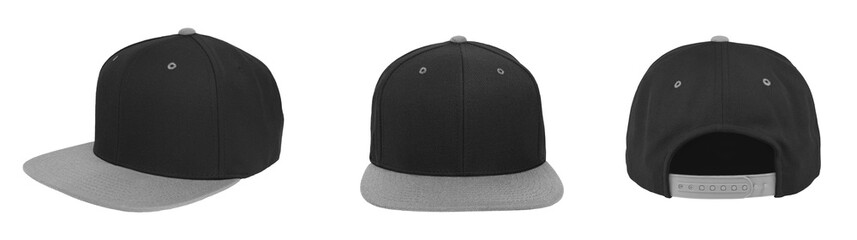 Blank baseball snapback cap two tone color black/gray on white background