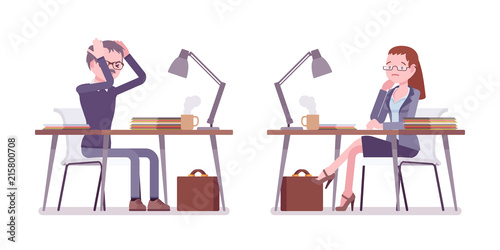 Male and female teacher working in despair at the desk