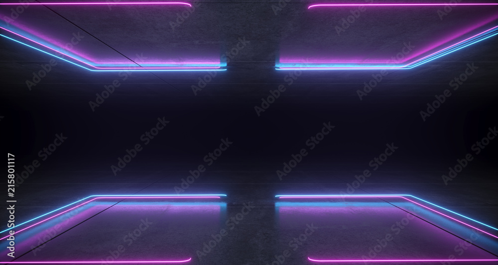 Futuristic Sci-Fi Bracket Shaped Neon Blue And Purple Glowing Lights With Reflections On Concrete Floor And Ceiling Dark Empty Space 3D Rendering