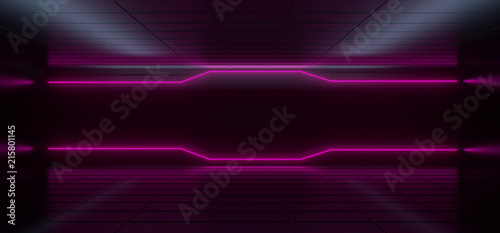 Modern Futuristic Hi-Tech Dark Room With Neon Glowing Light Tubes With Purple Color And Empty Space In Middle 3D Rendering