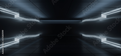 Fototapeta Naklejka Na Ścianę i Meble -  Modern Futuristic  Hi-Tech Dark Room With Neon Glowing Light Tubes With White Color And Empty Space In Middle 3D Rendering