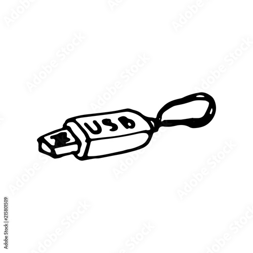 Hand Drawn usb flash drive doodle. Sketch style icon. Decoration element. Isolated on white background. Flat design. Vector illustration