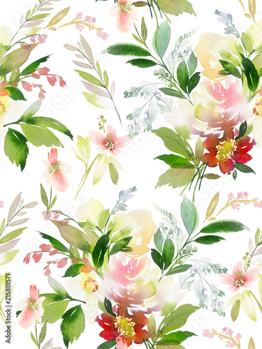 Seamless summer pattern with watercolor flowers handmade.