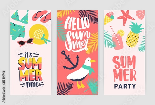 Bundle of creative flyer templates for summer party announcement. Colored vector illustration in flat cartoon style for seasonal dance event or summertime open air festival advertisement or promotion.