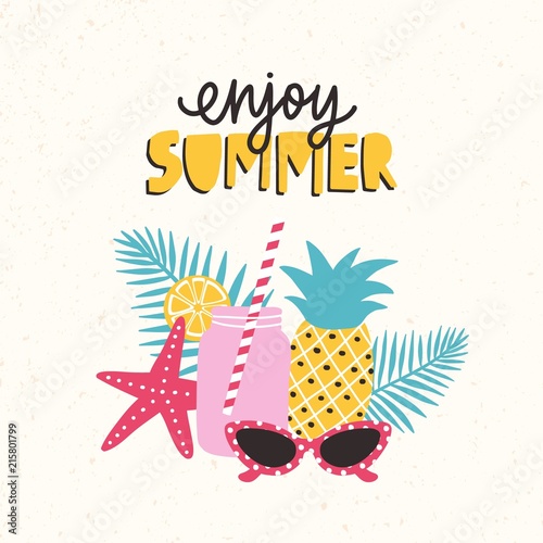 Summertime composition with fresh cocktail, tropical leaves, exotic fruits, starfish, sunglasses and Enjoy Summer inscription isolated on white background