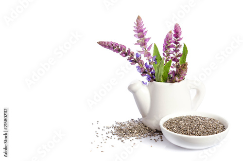 Chia seeds healthy superfood with flower isolated on white background