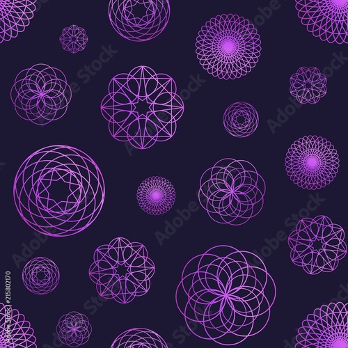Creative seamless pattern with geometric shapes drawn with purple contour lines on black background