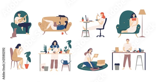 Bundle of young men and women spending weekend at home - playing guitar, eating sushi, reading books, surfing internet, listening to music, cooking. Colored vector illustration in flat cartoon style.