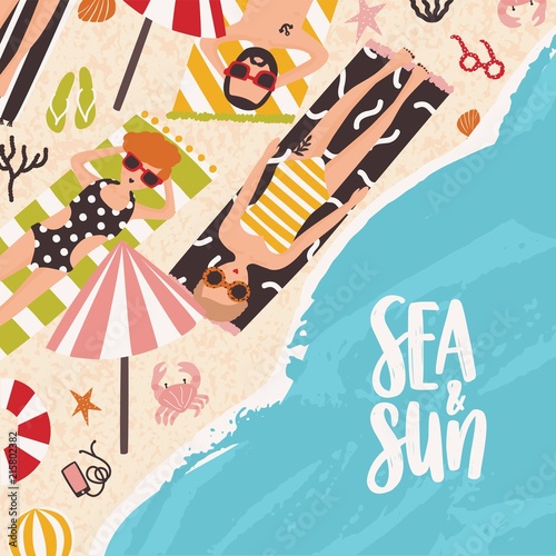 Square summer background with people lying on sandy beach, sunbathing near oc...
