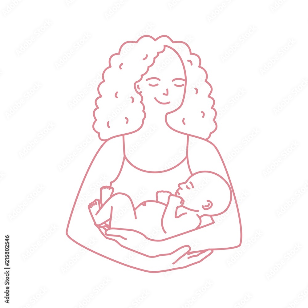 Portrait of smiling mother holding baby drawn with contour line on white background. Cheerful mom carrying newborn child. Happy parenting, motherhood and nursing. Monochrome vector illustration. Portrait of smiling mother holding baby drawn with contour line on white background. Cheerful mom carrying newborn child. Happy parenting, motherhood and nursing. Monochrome vector illustration.