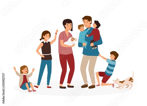 Big family with many children. Stressed and tired parents or exhausted mom and dad and nasty kids isolated on white background. Problem of tiring and stressful parenting. Cartoon vector illustration.