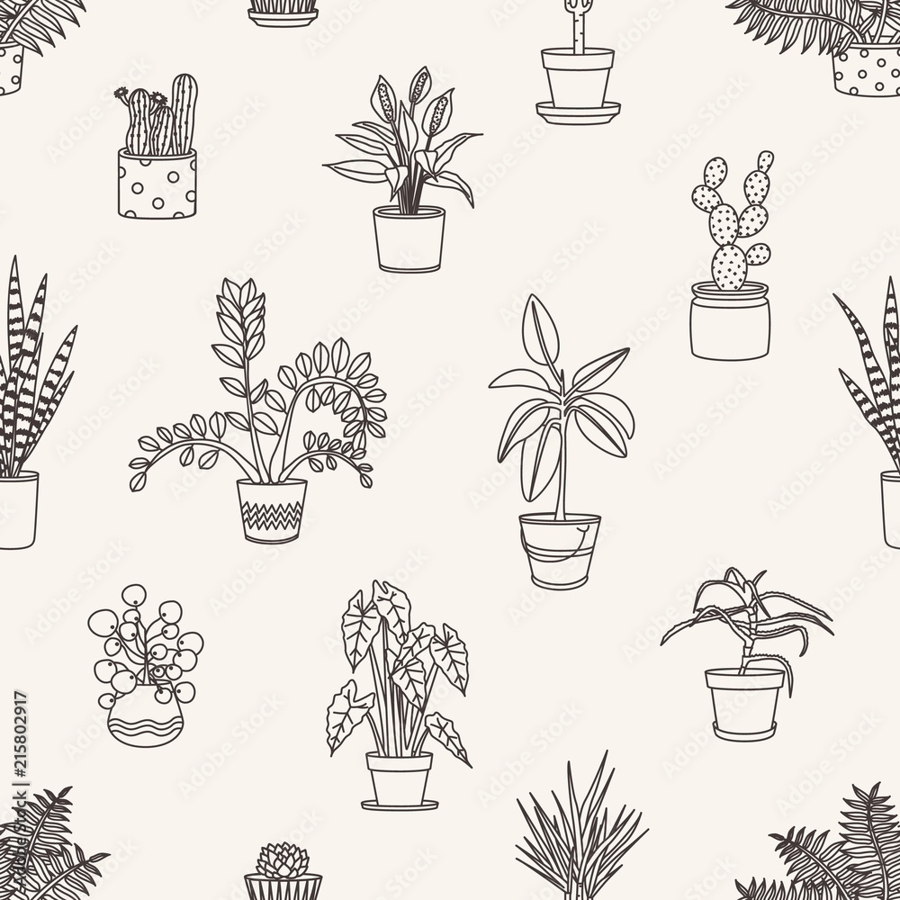 Monochrome seamless pattern with potted plants drawn with contour lines ...