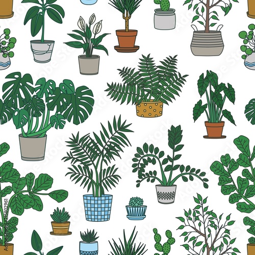 Seamless pattern with houseplants growing in pots on white background. Backdrop with decorative plants in planters. Home gardening. Colorful vector illustration for wrapping paper, textile print.