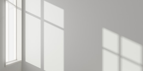 Stimulate scene of white empty room with sun light cast shadow on the laminate wood wall and plank floor,Perspective of minimal architecture. 3D rendering