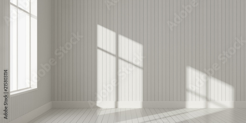 Stimulate scene of white empty room with sun light cast shadow on the laminate wood wall and plank floor Perspective of minimal architecture. 3D rendering