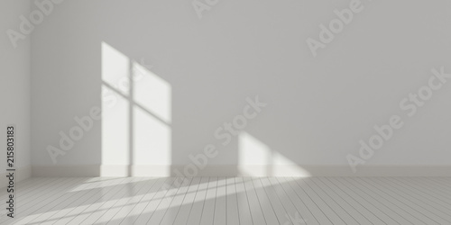 Stimulate scene of white empty room with sun light cast shadow on the laminate wood wall and plank floor Perspective of minimal architecture. 3D rendering