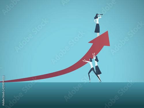 Business teamwork vector concept. All female team working together. Symbol of times up movement, woman in business, success, leadership, vision.