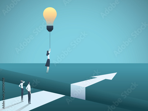 Business creativity vector concept with woman flying with lightbulb. Symbol of creative solution, breakthrough, innovation, challenge.