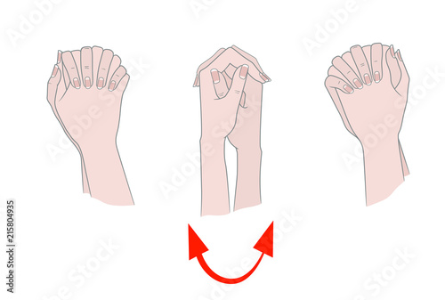 Exercises for the hands against inflammation of the joints and arthritis. Two female hands connected by fingers. Vector illustration