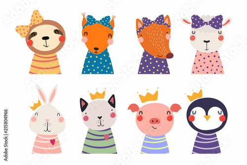 Set of cute funny little animals cat, sheep, penguin, bunny, sloth, fox, pig, squirrel. Isolated objects on white. Vector illustration. Scandinavian style flat design. Concept for children print