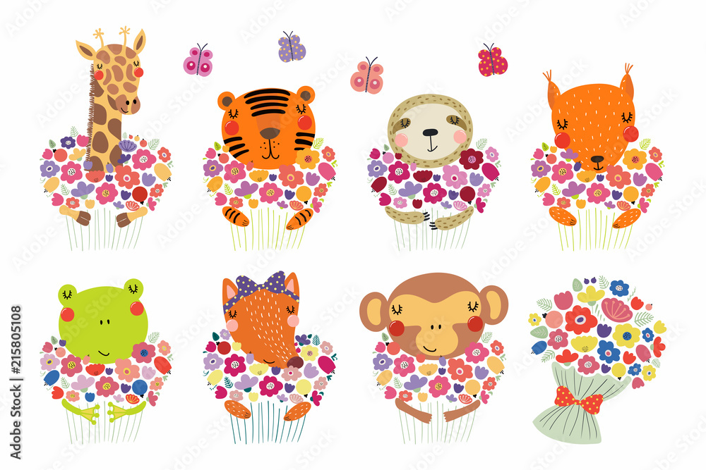 Set of cute funny little animals with flowers tiger, sloth, frog, fox, monkey, squirrel, giraffe. Isolated objects on white. Vector illustration. Scandinavian style flat design. Concept children print