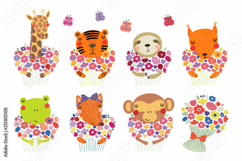 Set of cute funny little animals with flowers tiger, sloth, frog, fox, monkey, squirrel, giraffe. Isolated objects on white. Vector illustration. Scandinavian style flat design. Concept children print