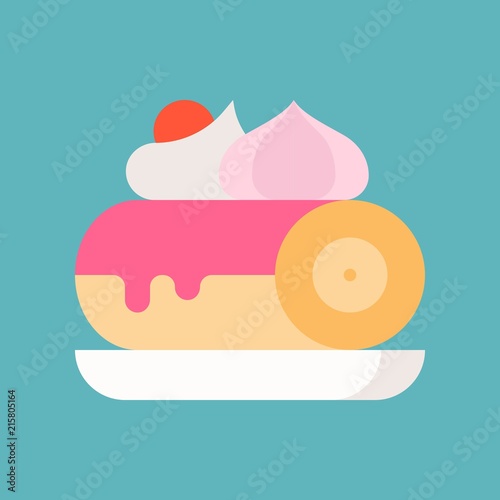 swiss roll cake on plate, sweets and pastry set, flat design icon