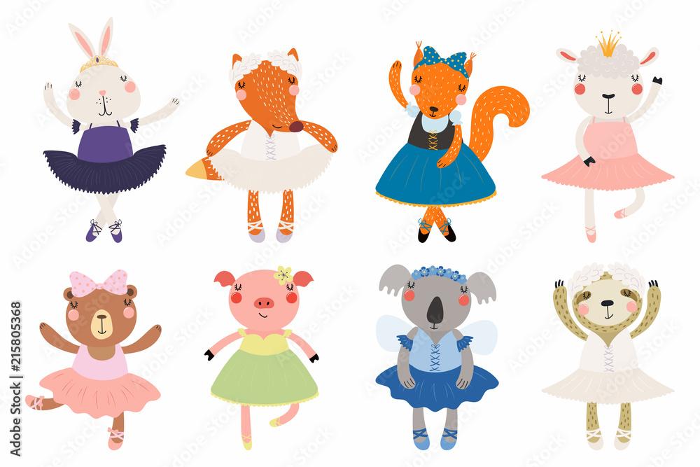 Set of cute funny little animals ballerinas bear, sheep, bunny, fox, pig, squirrel, sloth, koala. Isolated objects on white. Vector illustration. Scandinavian style flat design. Concept children print Set of cute funny little animals ballerinas bear, sheep, bunny, fox, pig, squirrel, sloth, koala. Isolated objects on white. Vector illustration. Scandinavian style flat design. Concept children print