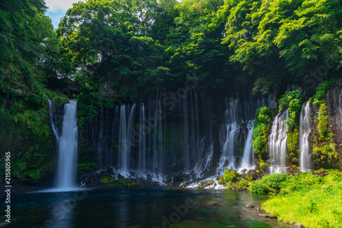 The Shiraito Falls in Shizuoka  Japan. Snowmelt from Mount Fuji spills like threads of silk from spaces between lava beds.