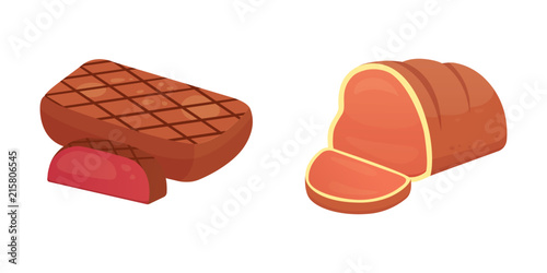 Set fresh meat products. Steak in cartoon style. Vector isolated illustration.