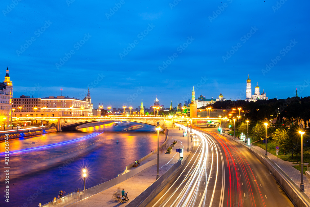Panoramic view of Moscow landmark during sunset from Zaryadye Park