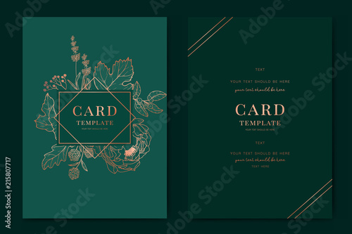 Wedding Invitation, floral invite thank you, rsvp modern card Design in Copper peony with tropical palm leaf greenery eucalyptus branches in emerald background